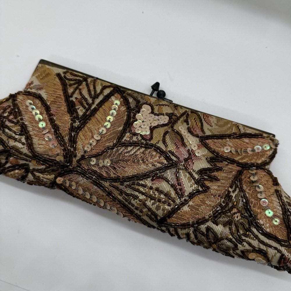 Vtg 1940s Beaded Sequin Clutch Purse Kiss Closure Satin Handbag Chain Strap Lux